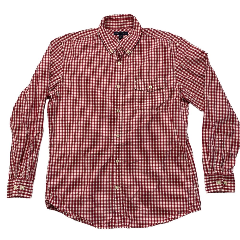 BANANA REPUBLIC Gingham Red White Plaid Button Down Shirt Mens 16-16.5 Large